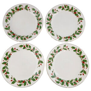 China Pearl Noel Holiday Plates Set of 4 Fine China Holly Berry 7.5" Salad Plate